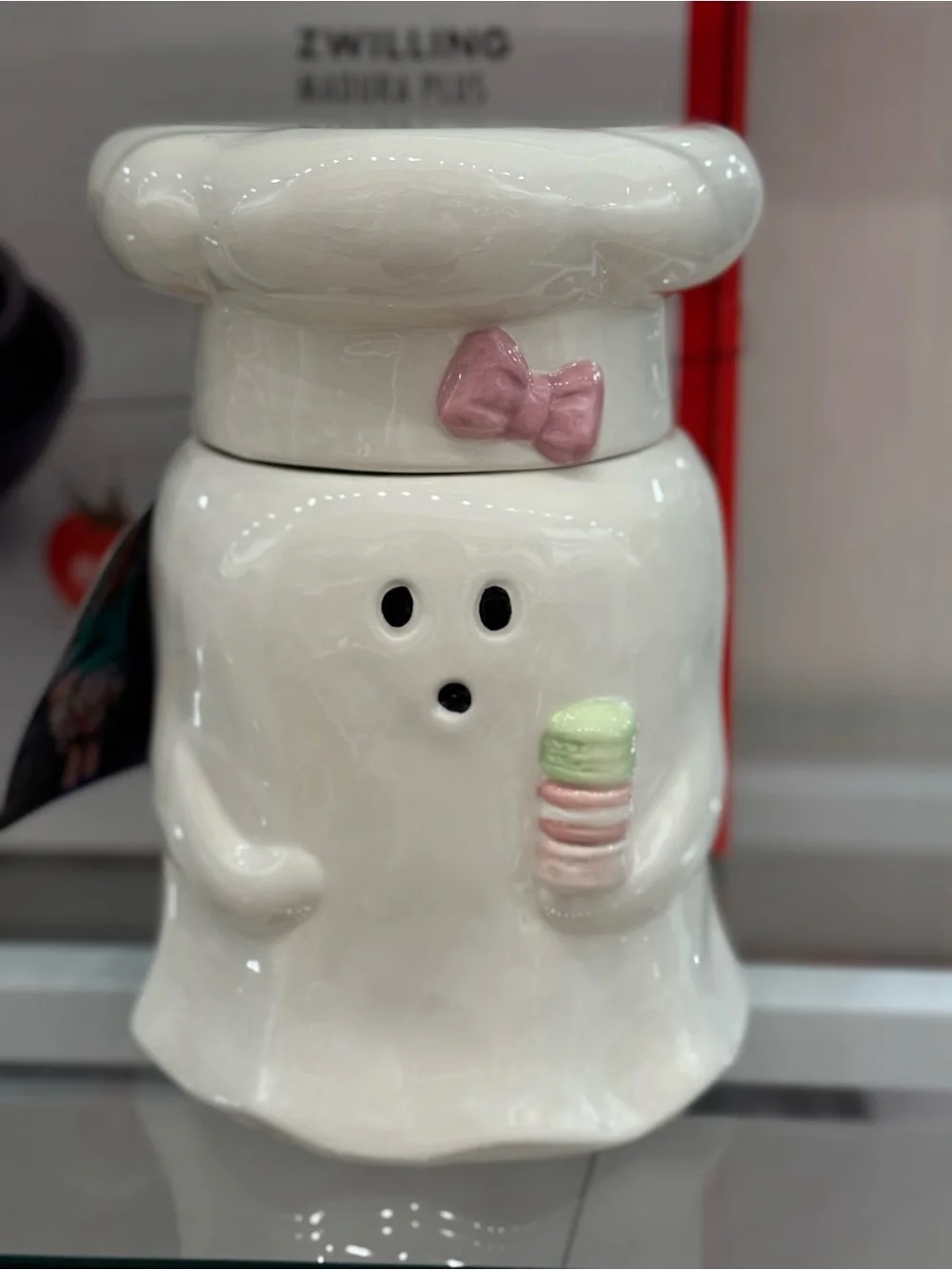 Ceramic Ghost Macaron Holder - White with Pink Bow